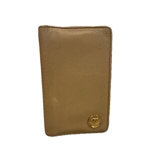 VTG Chanel Card Case Coco Button Beige Gold Authentic Leather Logo‎ Designer